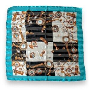 Blue Black Golden Compass Chess Yellow Scarf Vtg 34.2” X 33.8”